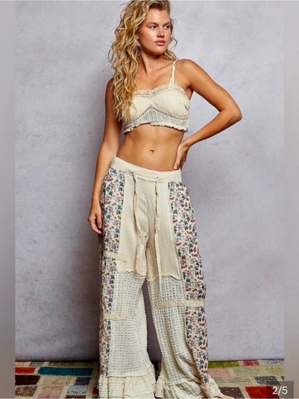POL Cream Wide-Leg Crochet & Floral Panel Pants NEW